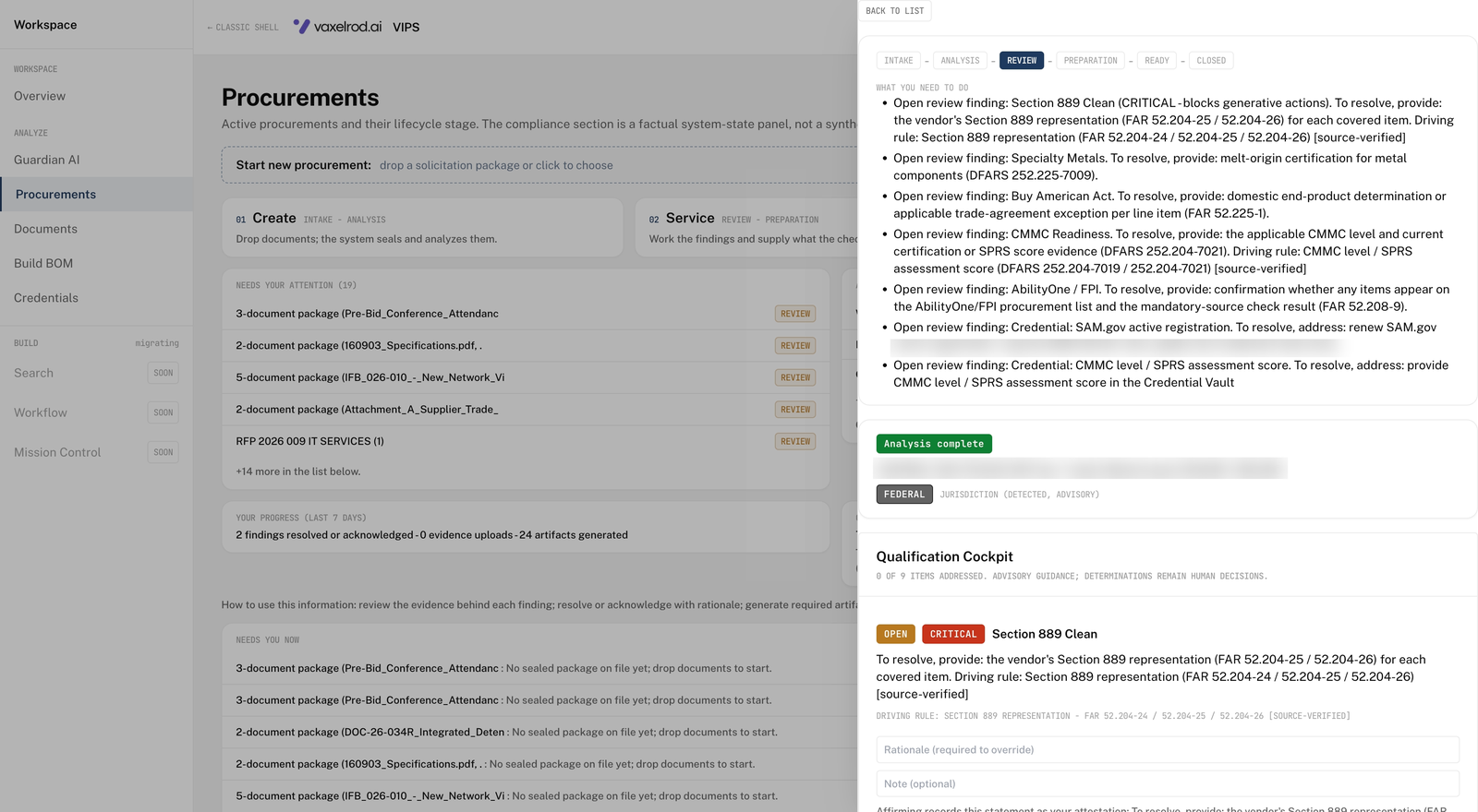 VIPS federal review findings with cited FAR and DFARS rules
